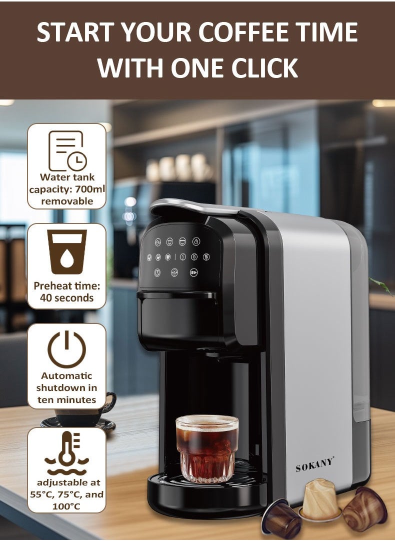 sokany - 3 In 1 Automatic Capsule Coffee Machine, Espresso Coffee Machine,1400W/20 Bar Pressure Single Serve Coffee Maker for Nes Capsule DG Capsule and Powde, 0.7L,KA3118,Black/Grey - Image 1