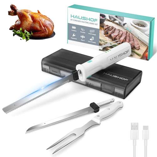 HAUSHOF Cordless Electric Knife Set for Meat Slicing 8V Electric Carving Knife for Fish Bread Turkey Rechargeable Meat Cutter with Reciprocating Stainless Steel Blades Safety Lock  Storage Case