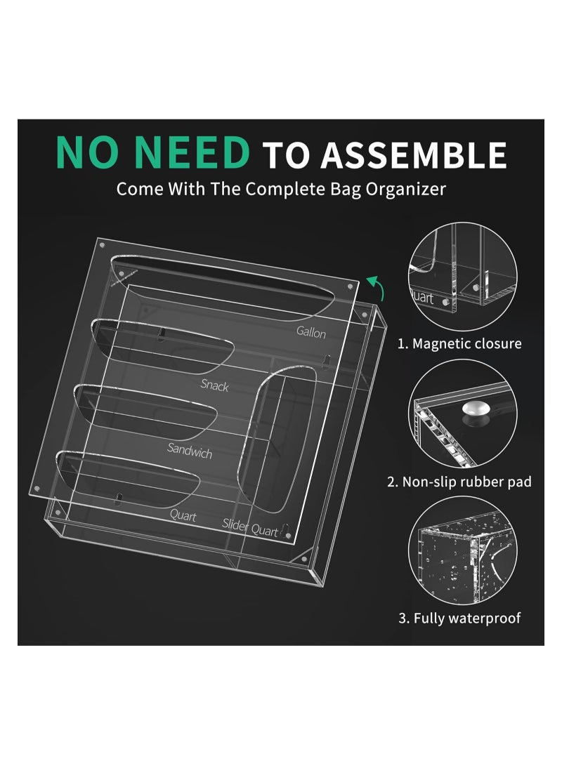 Eworld Clear Acrylic Food Bag Storage Organizer, Effortless Food Freezer Bag Dispenser with 5 Slots, Magnetic Closure and 5 Laser-Engraved Logos for Gallon, Snack, Sandwich, Quart, and Slider Quart Bags, - Image 3