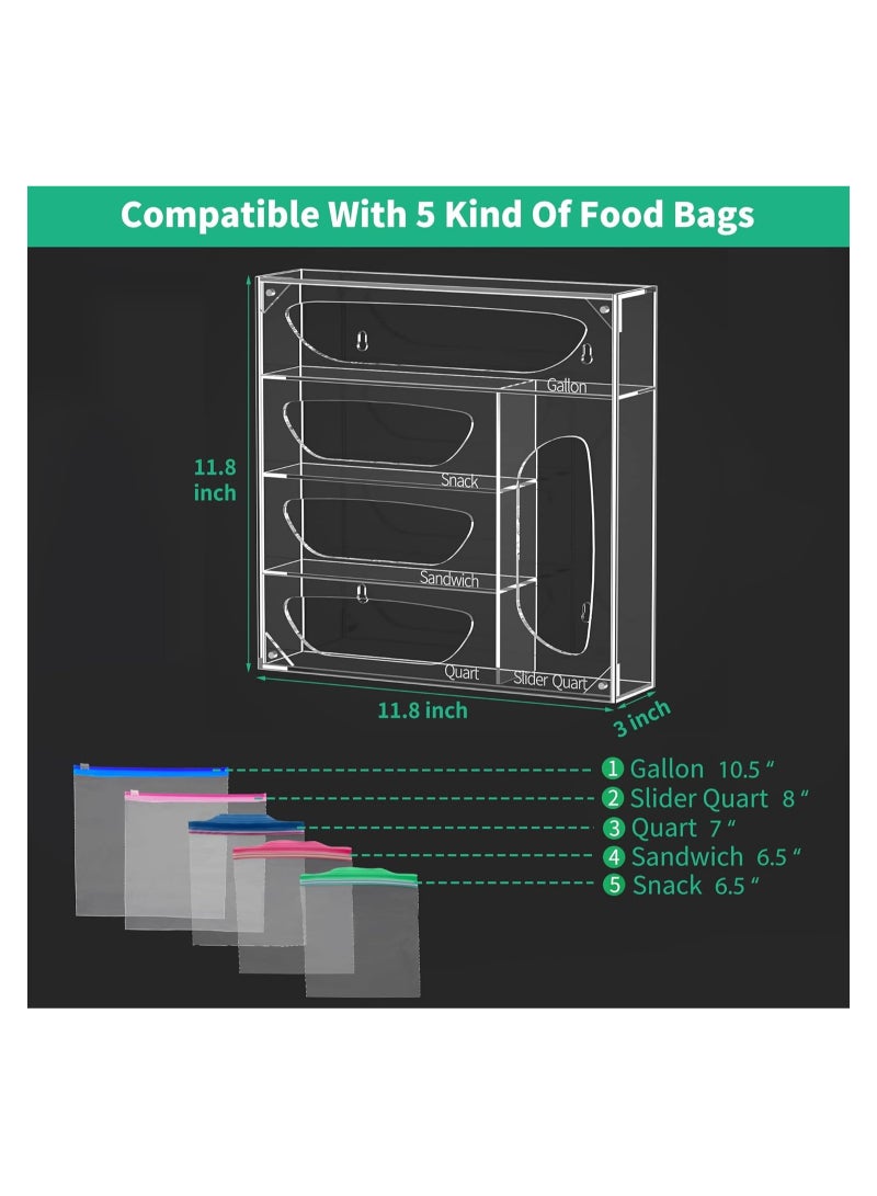Eworld Clear Acrylic Food Bag Storage Organizer, Effortless Food Freezer Bag Dispenser with 5 Slots, Magnetic Closure and 5 Laser-Engraved Logos for Gallon, Snack, Sandwich, Quart, and Slider Quart Bags, - Image 2