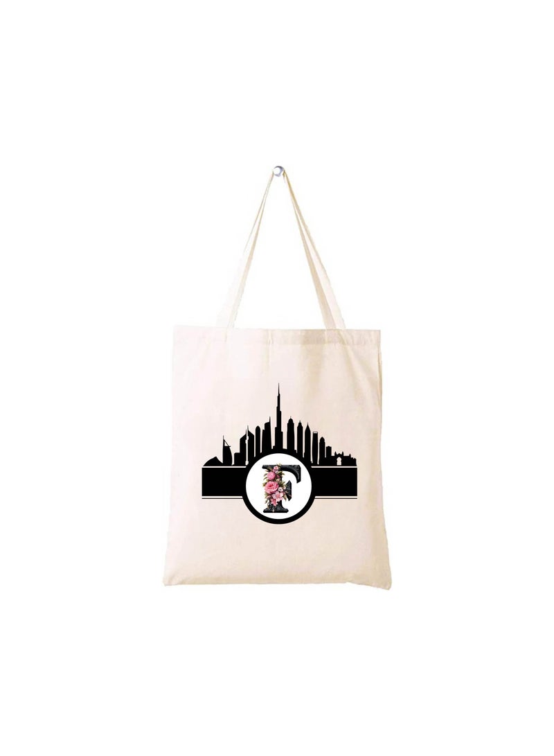 PRINTSHOP4ME Initial Monogram Cotton Tote Bag With Dubai Skyline Theme - Image 1