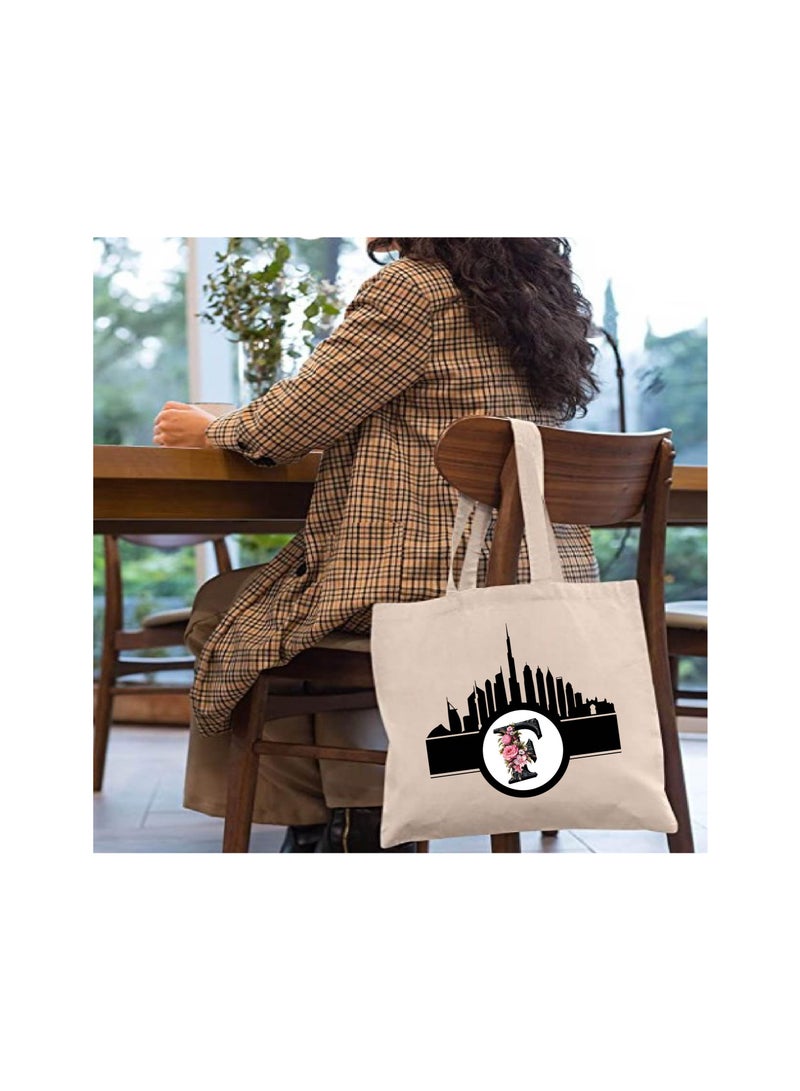 PRINTSHOP4ME Initial Monogram Cotton Tote Bag With Dubai Skyline Theme - Image 3