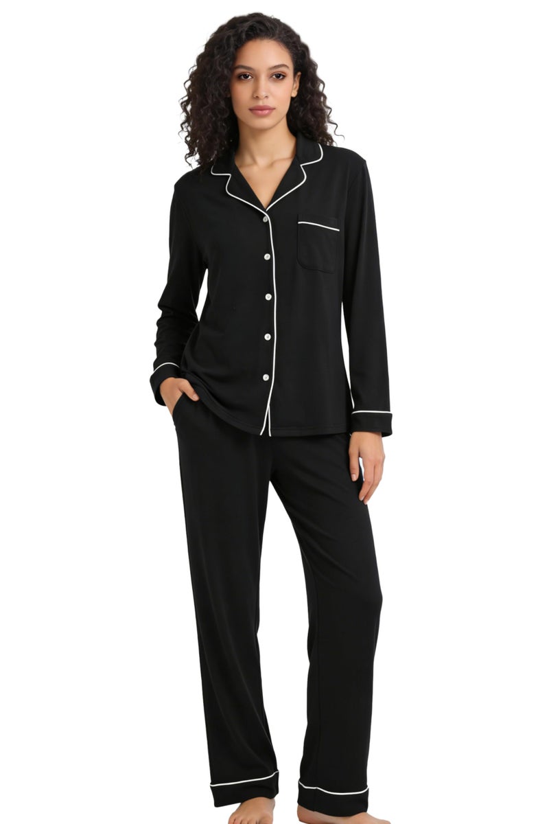 HEARTNICE Womens Pajama Set, Soft Long Sleeve Pajamas & Long Pants with Pockets, Button-up Sleepwear Lounge Pjs (Black, L) - Image 1