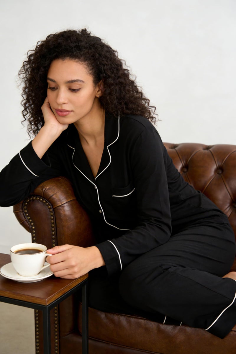 HEARTNICE Womens Pajama Set, Soft Long Sleeve Pajamas & Long Pants with Pockets, Button-up Sleepwear Lounge Pjs (Black, L) - Image 3