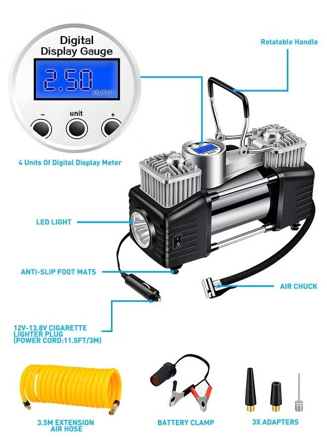 Generic Heavy Duty Double 30mm Cylinder Tyre Inflator , Portable Air Compressor for Car, 150 PSI Tyre Air Pump with LED Light, Digital Pressure Gauge Tire Inflator - Professional for SUV, Off-Road, Trucks  - Image 3