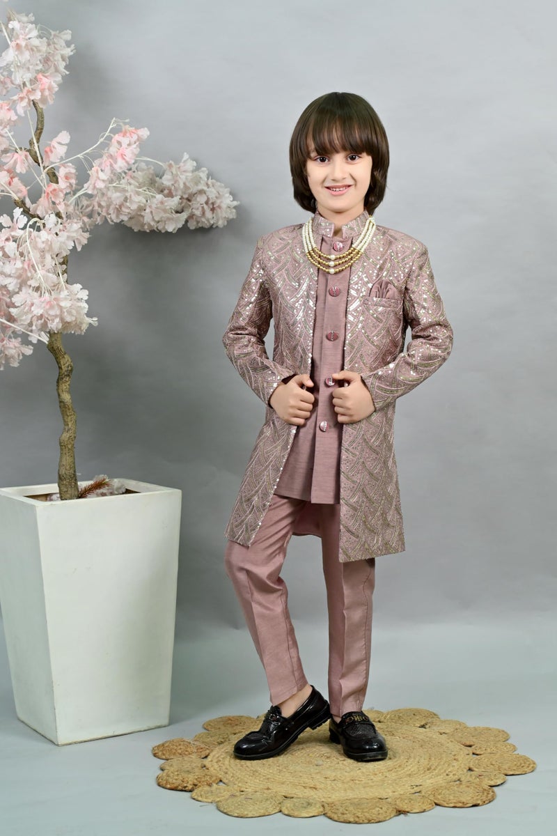 AHHAAAA Royal Prince Sequin Embroidered Silk Blend Sherwani for Boys | Wedding & Festival Ethnic Wear ||Pink, 10-11 Years| - Image 2