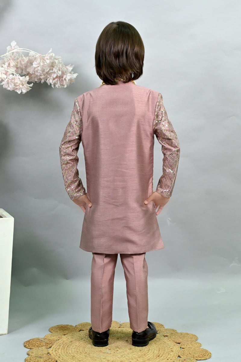 AHHAAAA Royal Prince Sequin Embroidered Silk Blend Sherwani for Boys | Wedding & Festival Ethnic Wear ||Pink, 10-11 Years| - Image 3