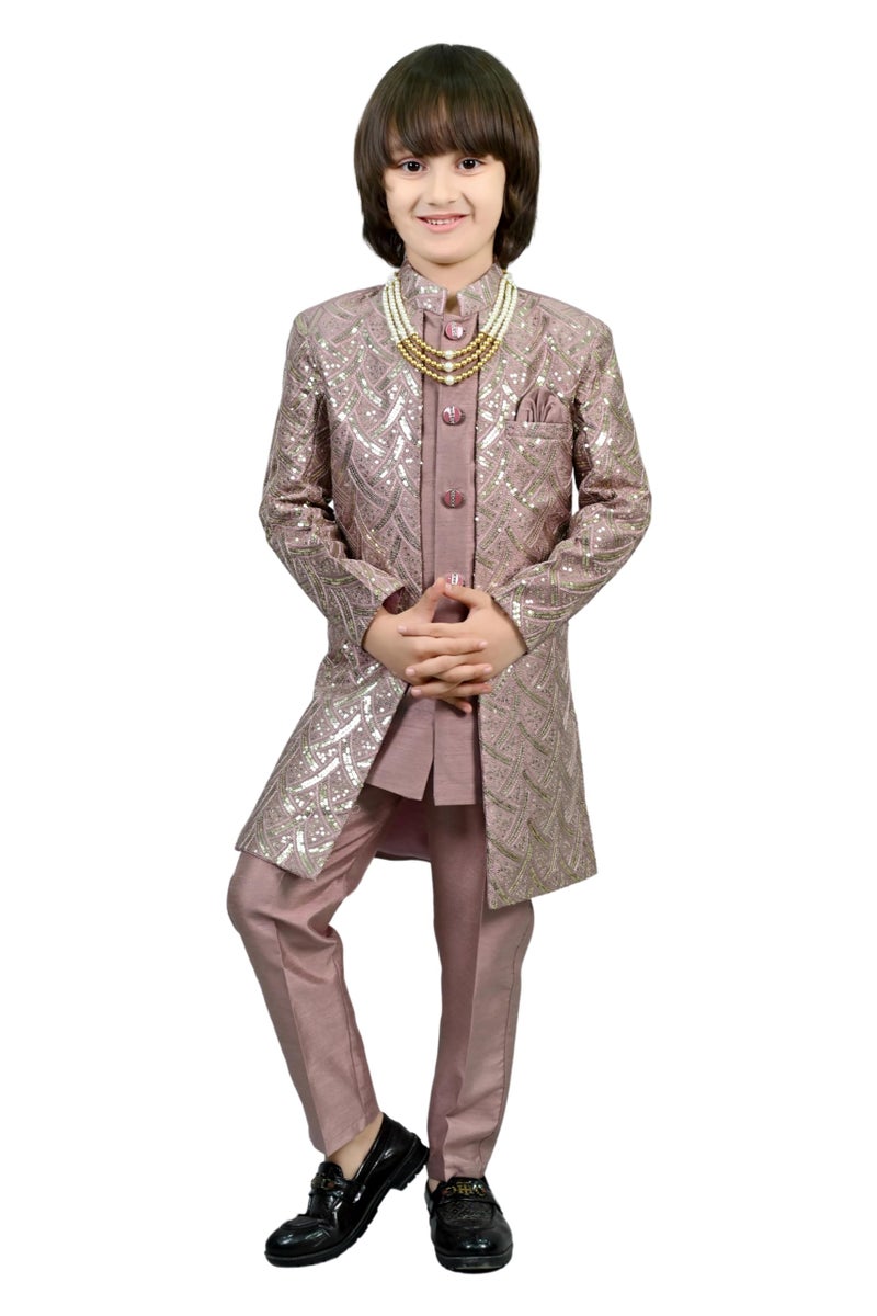 AHHAAAA Royal Prince Sequin Embroidered Silk Blend Sherwani for Boys | Wedding & Festival Ethnic Wear ||Pink, 10-11 Years| - Image 1