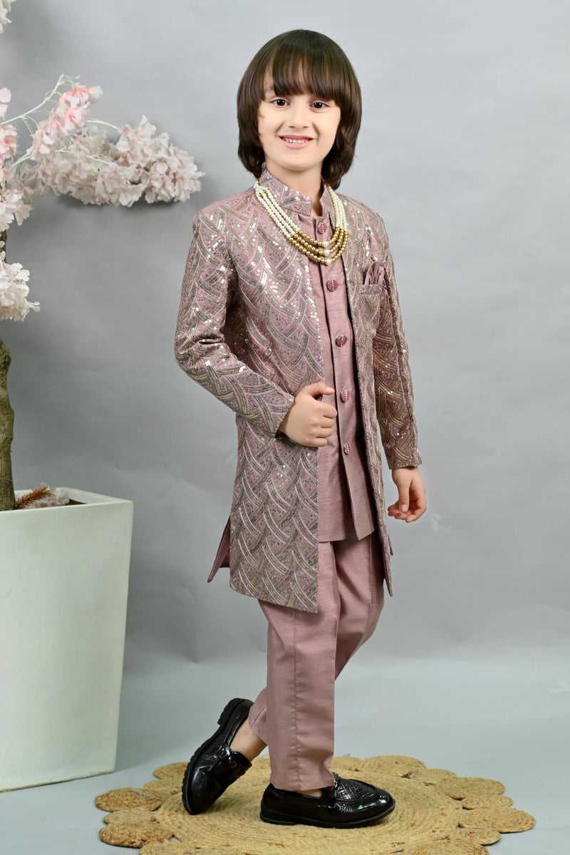 AHHAAAA Royal Prince Sequin Embroidered Silk Blend Sherwani for Boys | Wedding & Festival Ethnic Wear ||Pink, 10-11 Years| - Image 5