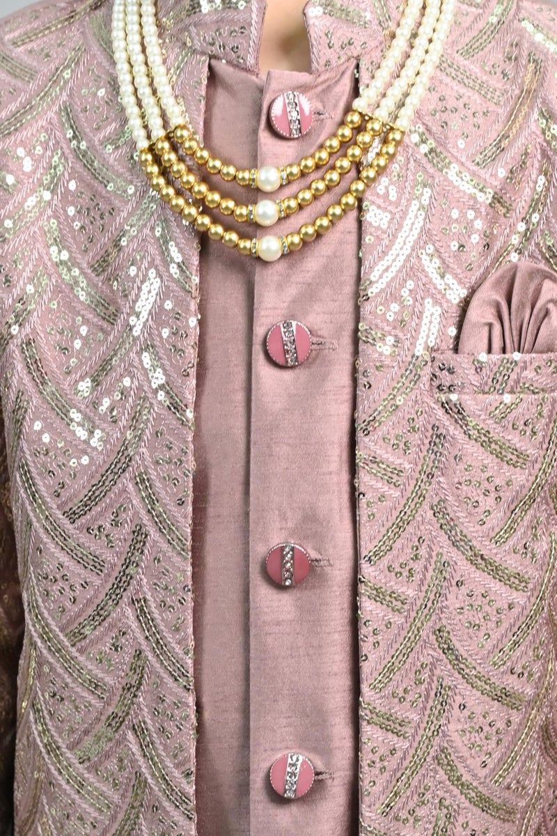 AHHAAAA Royal Prince Sequin Embroidered Silk Blend Sherwani for Boys | Wedding & Festival Ethnic Wear ||Pink, 10-11 Years| - Image 4
