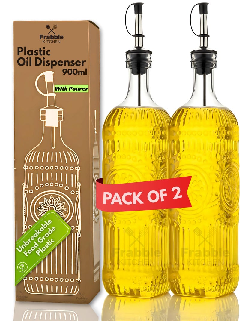Frabble Kitchen Food Grade Plastic Oil Dispenser 900ml with Steel Pourer & Lid (2 Pack) - Cooking Oil Dispenser for Kitchen - Oil Bottle for Kitchen Storage for Refined Oil,Vinegar,Sauce,Honey - Image 1