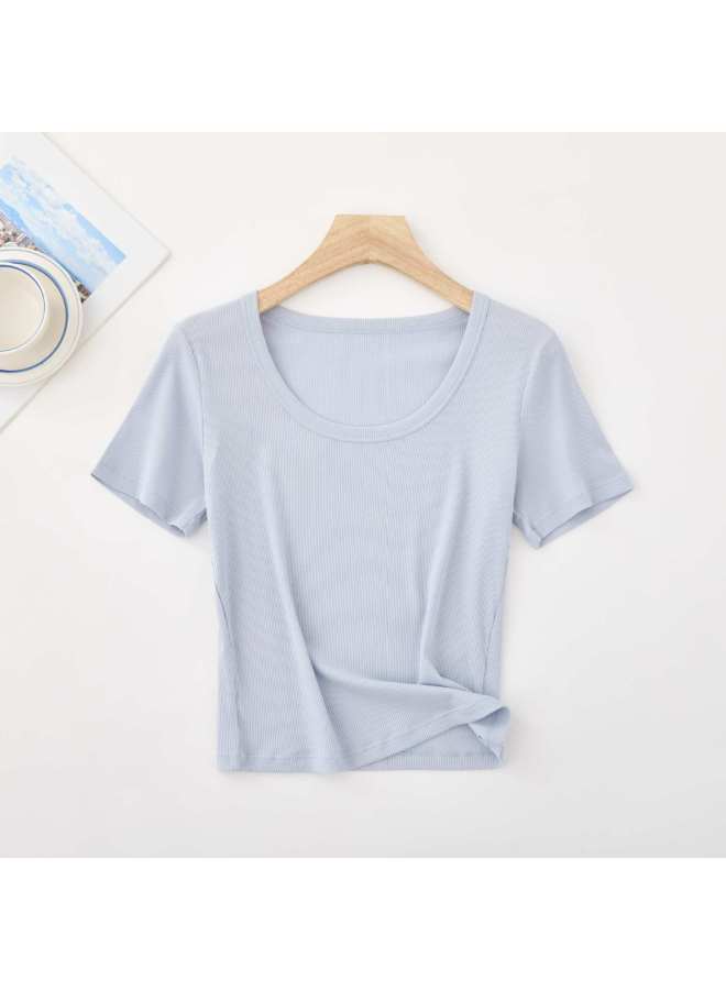 [ready Stock Customization] Tencel Short-sleeved Women's Summer Versatile U-neck Top Simple Slim Fit Cool Breathable T-shirt For Women
