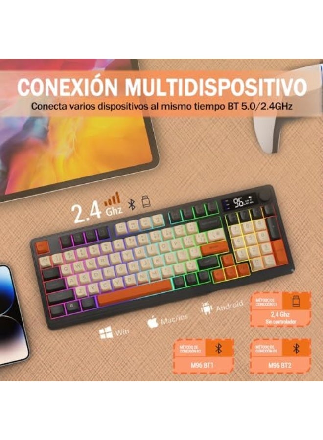 M96 Spanish Wireless Keyboard, Bluetooth and 2.4GHz 2 Modes Gaming Keyboard, with LED Display and Rainbow Backlight Light, for Office and Games - Image 3