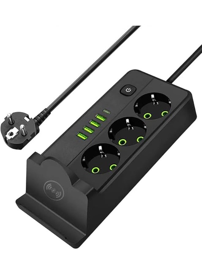 موزع طاقة متعدد الاستخدامات SLM-1080 مع شحن لاسلكي، 3 منافذ تيار متردد + 4 منافذ USB-A + منفذ USB-C، 2500 واط، أسود - Image 1