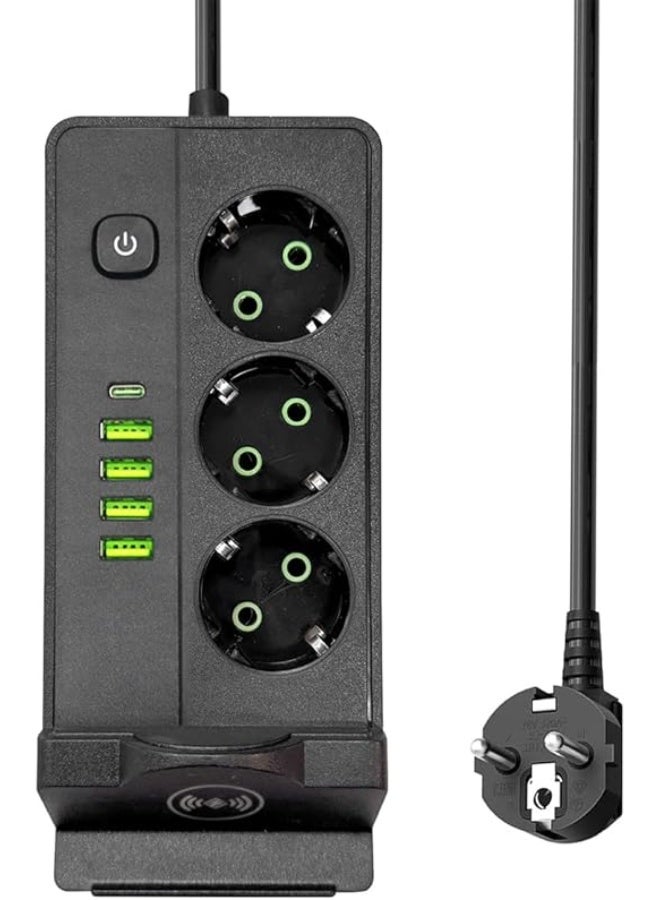 موزع طاقة متعدد الاستخدامات SLM-1080 مع شحن لاسلكي، 3 منافذ تيار متردد + 4 منافذ USB-A + منفذ USB-C، 2500 واط، أسود - Image 2
