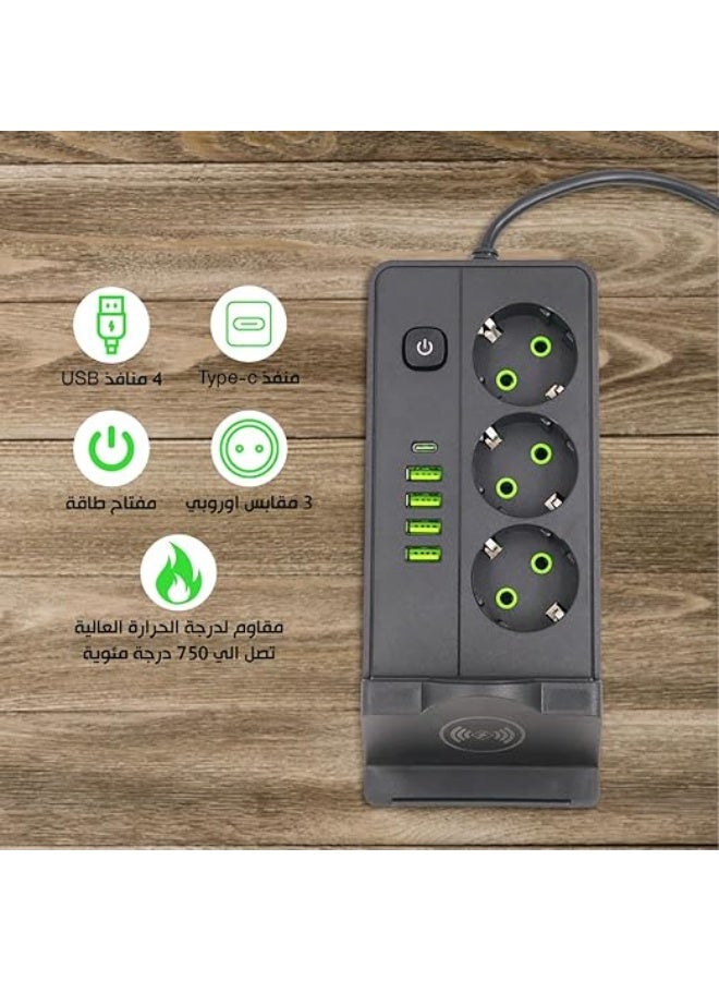 موزع طاقة متعدد الاستخدامات SLM-1080 مع شحن لاسلكي، 3 منافذ تيار متردد + 4 منافذ USB-A + منفذ USB-C، 2500 واط، أسود - Image 3
