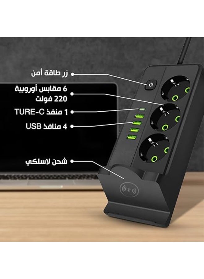 موزع طاقة متعدد الاستخدامات SLM-1080 مع شحن لاسلكي، 3 منافذ تيار متردد + 4 منافذ USB-A + منفذ USB-C، 2500 واط، أسود - Image 5