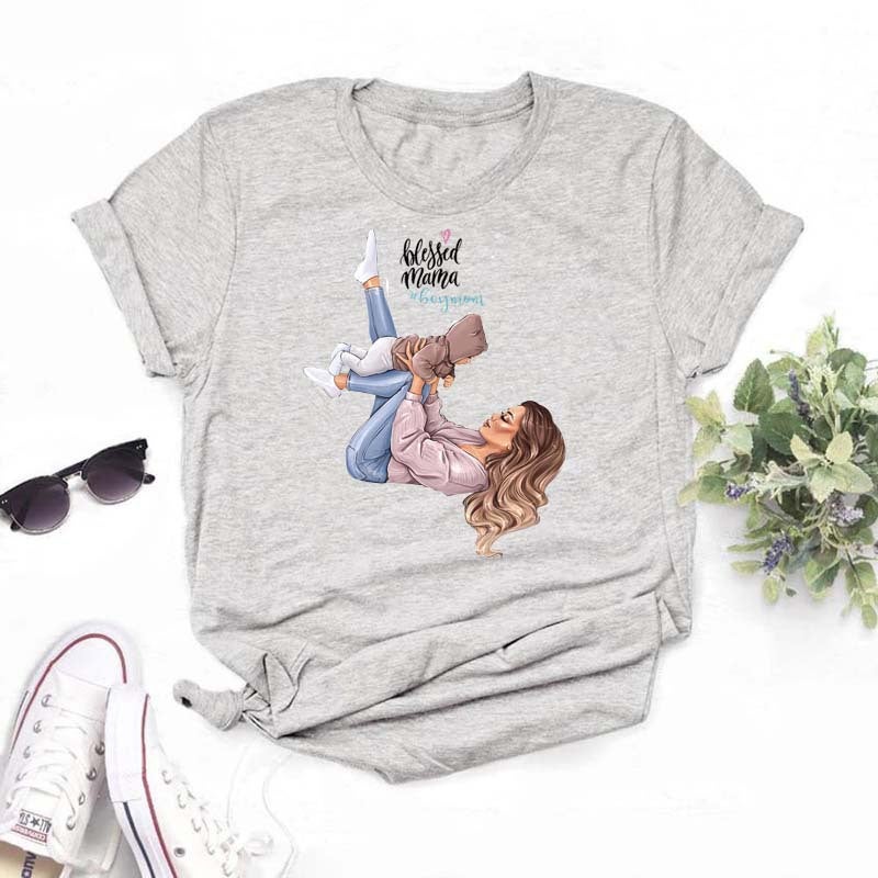 Generic Summer New Super Mom Themed White Tee for Women HQ047-Gray