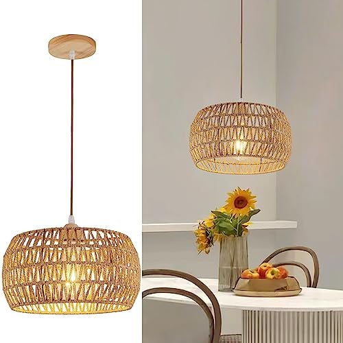 OCWHT Rattan Pendant Light Fixture Ceiling Bohemian Chandelier Flush Mount Hanging Light 12.99-inch Small Woven Lamp Shade Wooden Base Basket for Kitchen Island Hallway Bedroom Dinning Table - Image 1