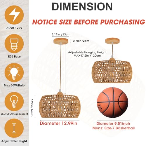 OCWHT Rattan Pendant Light Fixture Ceiling Bohemian Chandelier Flush Mount Hanging Light 12.99-inch Small Woven Lamp Shade Wooden Base Basket for Kitchen Island Hallway Bedroom Dinning Table - Image 2