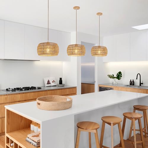 OCWHT Rattan Pendant Light Fixture Ceiling Bohemian Chandelier Flush Mount Hanging Light 12.99-inch Small Woven Lamp Shade Wooden Base Basket for Kitchen Island Hallway Bedroom Dinning Table - Image 4