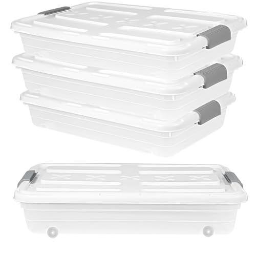 Ehahat 4 PCS*37 Qt Wheeled Latching Under Bed Storage, Stackable Bin with Latch Lid, Plastic Container to Organize Shoes Underbed, Clear with White Lid(White) - Image 1