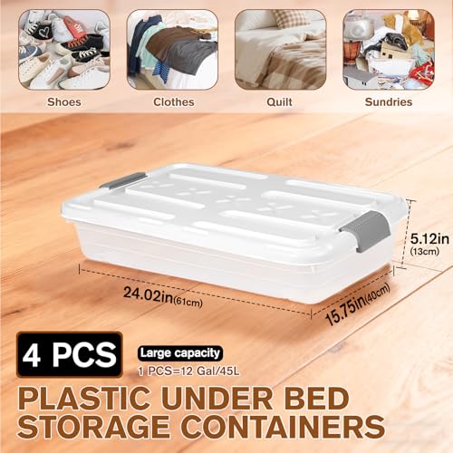 Ehahat 4 PCS*37 Qt Wheeled Latching Under Bed Storage, Stackable Bin with Latch Lid, Plastic Container to Organize Shoes Underbed, Clear with White Lid(White) - Image 2