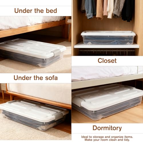 Ehahat 4 PCS*37 Qt Wheeled Latching Under Bed Storage, Stackable Bin with Latch Lid, Plastic Container to Organize Shoes Underbed, Clear with White Lid(White) - Image 4