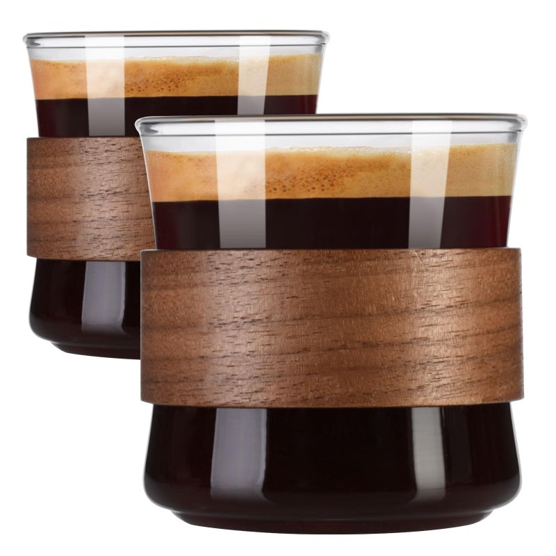 PARACITY Espresso Cups Set of 2 with Wooden Ring 8 OZ High Borosilicate Espresso Shot Glass Clear Small Expresso Shots Cup Espresso Accessories