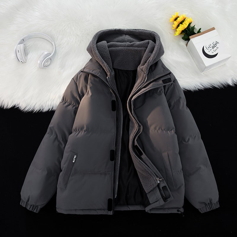 Plus Size Mens Winter Cotton Coat Two-Piece Illusion Loose Fit Casual Thickened Fleece Lined Hooded Jacket Parkas 9888khaki
