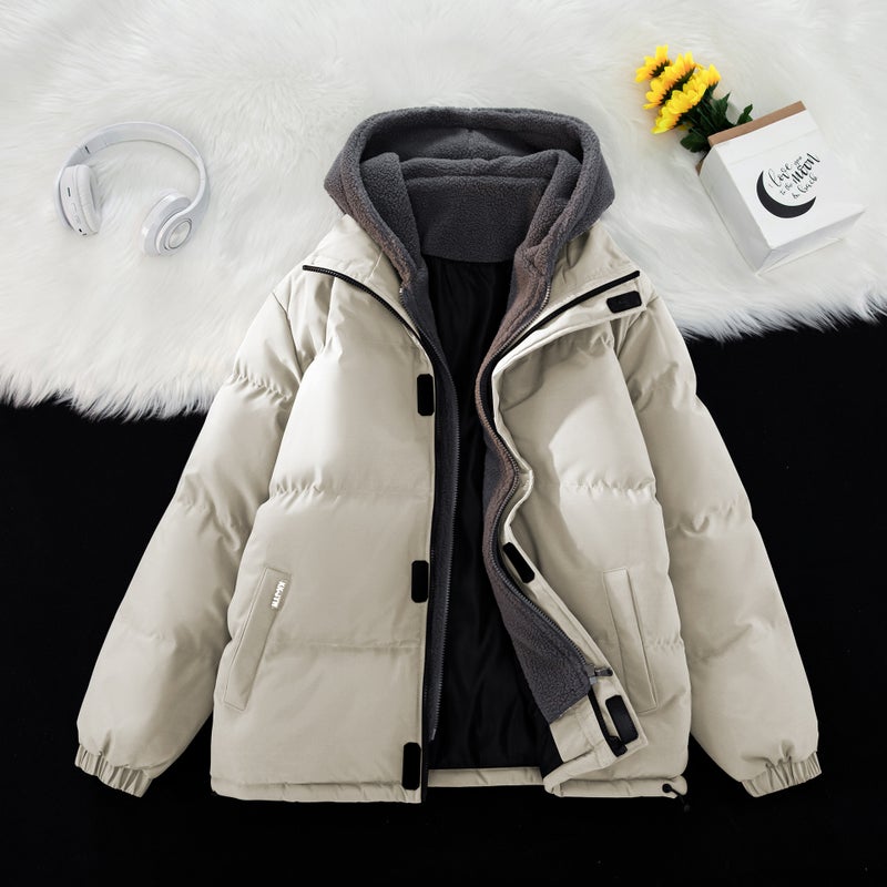 Plus Size Mens Winter Cotton Coat Two-Piece Illusion Loose Fit Casual Thickened Fleece Lined Hooded Jacket Parkas 9888khaki