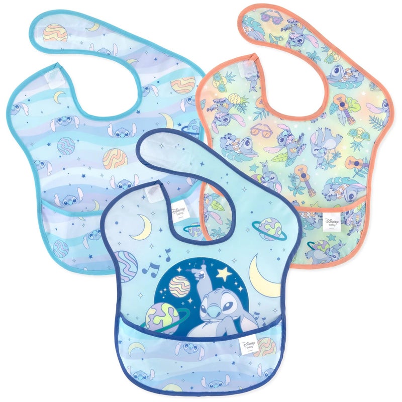 Bumkins Disney Bibs for Girl or Boy, SuperBib Baby and Toddler for 6-24 Months, Essential Must Have for Eating, Feeding, Baby Led Weaning, Mess Saving Waterproof Soft Fabric, 3-pk Stitch - Image 1