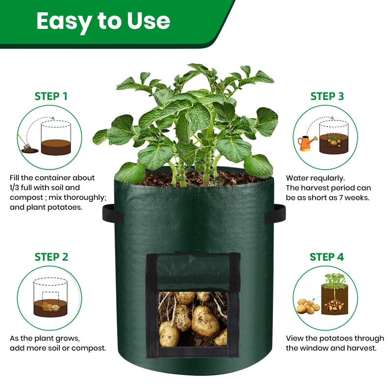 BIJOKETTEN 10 Gallon 3-Pack Potato Grow Bags, Heavy Duty PE Fabric Pots with Flap and Handles, Green Planter Bags for Potato Vegetables Outdoor Garden, 17.7''x13.8'' Large for All Plants Growing - Image 5