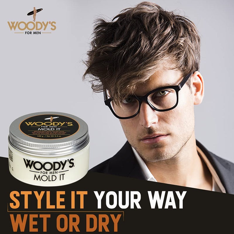 Woody's معجون شعر وودي مات للرجال - تثبيت متوسط، طين تصفيف غير لامع بديل للرجال، يضيف نسيج وحجم، 3.4 أونصة - Image 3