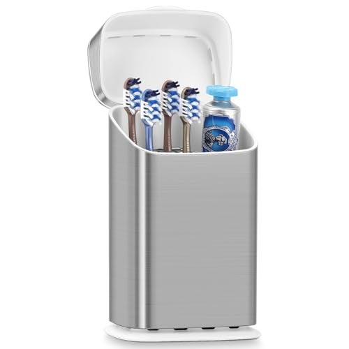 GFWARE Toothbrush Holders with Cover - 5 Slots Tooth Brush Holder for Bathroom, Detachable Bathroom Counter Organizer with Drainage Kids Toothbrush and Toothpaste Holde, Silver - Image 1