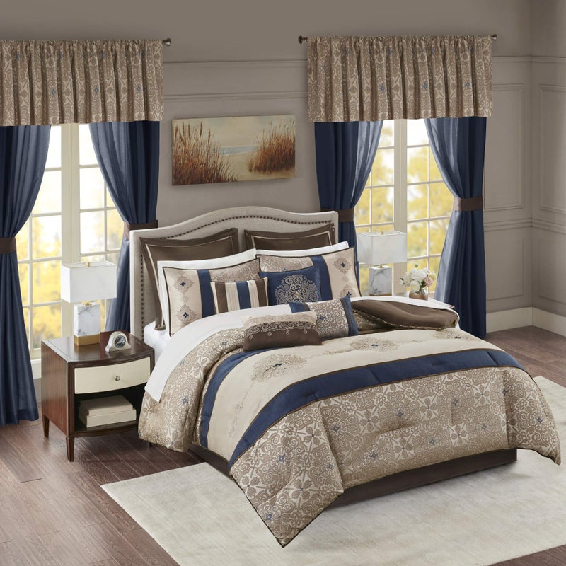 madison park Madison Park Essentials Delaney 24Piece Room In A Bag Comforter SetSatin Jacquard All Season Luxury Bedding Sheets decorative pillows and Curtains Valance King 104 in x 92 in Medallion Navy 