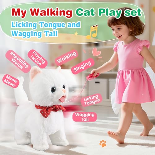 HCdoujoy White Leash Walking Cat Set Toy Interactive Talking Cat Singing Dancing Kitten Mimicking Repeat What You Say Kitty Touch and Voice Control Nodding Wagging Tail Plush Electric Robot for Kid Girl - Image 5