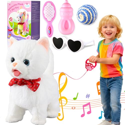 HCdoujoy White Leash Walking Cat Set Toy Interactive Talking Cat Singing Dancing Kitten Mimicking Repeat What You Say Kitty Touch and Voice Control Nodding Wagging Tail Plush Electric Robot for Kid Girl - Image 1