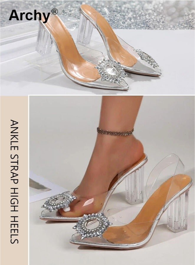 Archy Women's Transparent Rhinestone High Heels Women's Pointed Toe High Heel Sandals Women's Thick Heel High Heels - Image 4