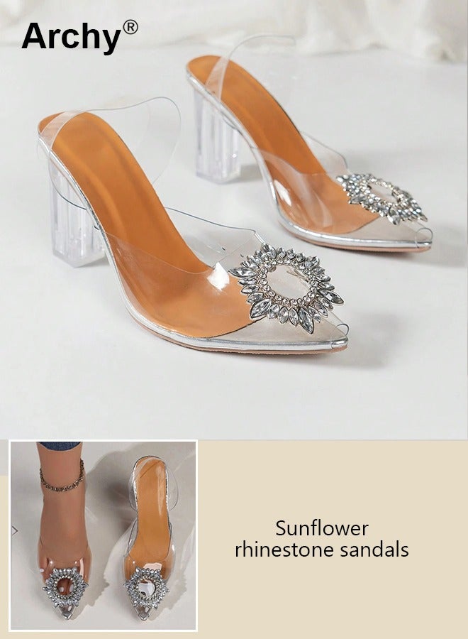 Archy Women's Transparent Rhinestone High Heels Women's Pointed Toe High Heel Sandals Women's Thick Heel High Heels - Image 5
