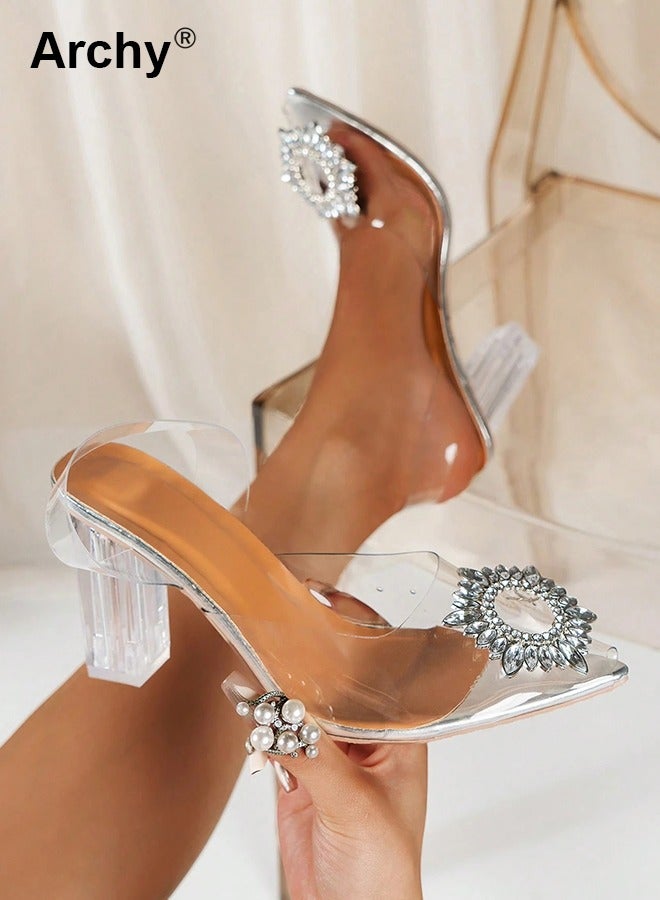 Archy Women's Transparent Rhinestone High Heels Women's Pointed Toe High Heel Sandals Women's Thick Heel High Heels - Image 1