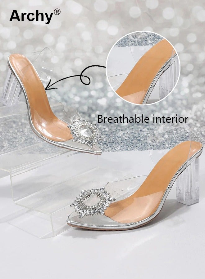 Archy Women's Transparent Rhinestone High Heels Women's Pointed Toe High Heel Sandals Women's Thick Heel High Heels - Image 3
