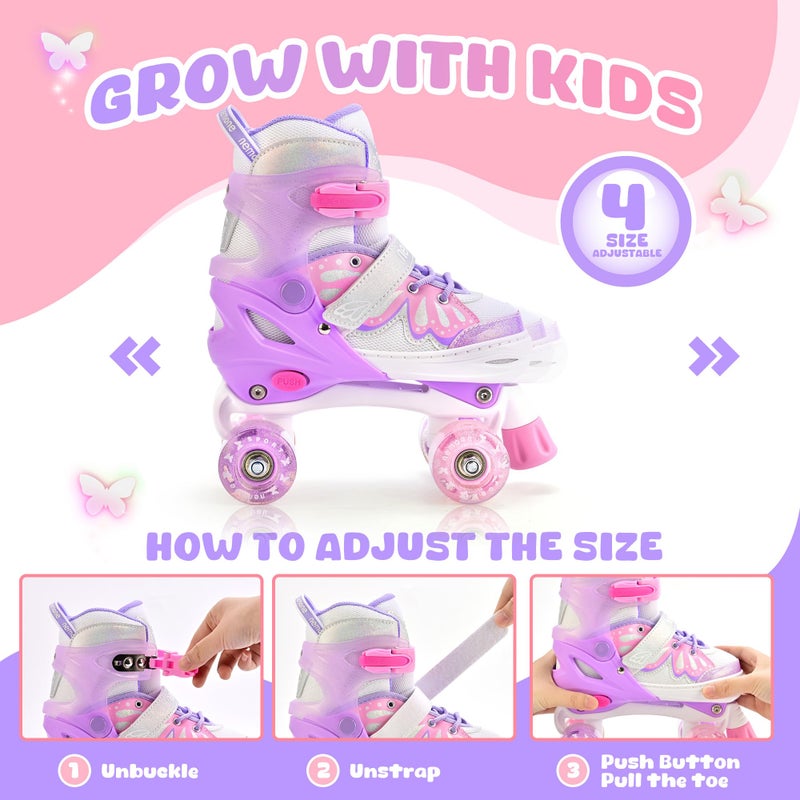 NEMONE 4 Size Adjustable Light up Roller Skates for Girls, Butterfly Roller Skates for Kids Ages 4-6 5-8 6-12 8-12, Todder Beginner Skates Indoor Outdoor Pink Purple S - Image 3