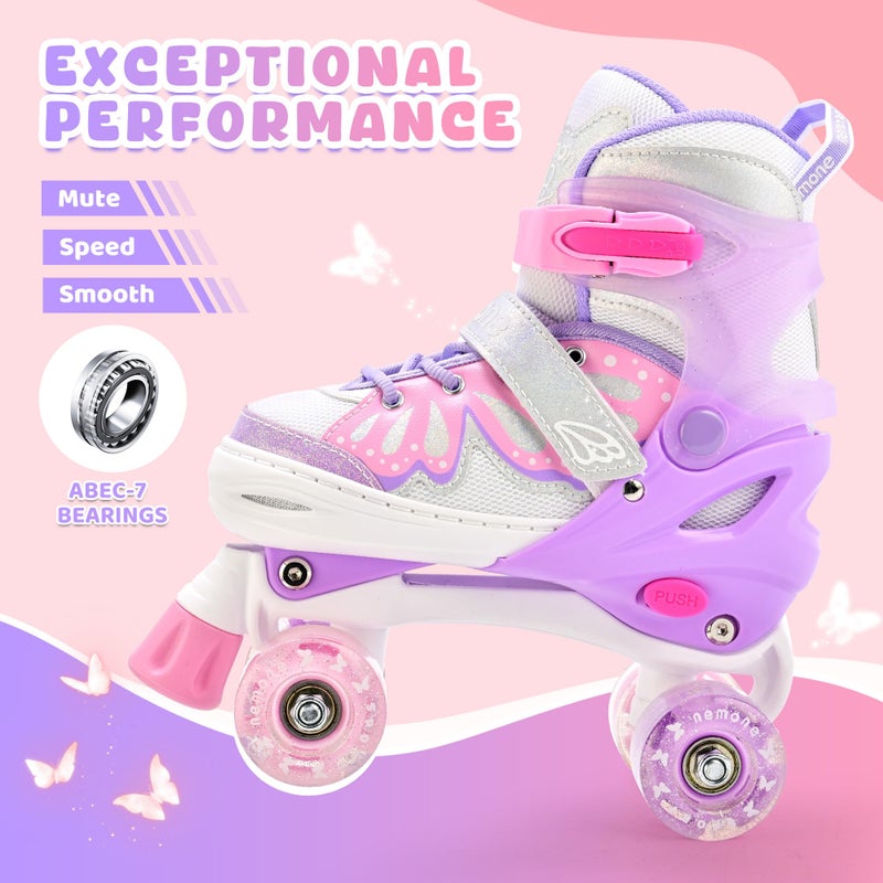 NEMONE 4 Size Adjustable Light up Roller Skates for Girls, Butterfly Roller Skates for Kids Ages 4-6 5-8 6-12 8-12, Todder Beginner Skates Indoor Outdoor Pink Purple S - Image 5