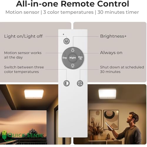 Quick Sense Motion Sensor Ceiling Light, Cordless Rechargeable LED Lamp with Remote, Magnetic Mount, Battery Operated for Bathroom, Closet, Porch, Garage, Shower (Pack of 1) - Image 3