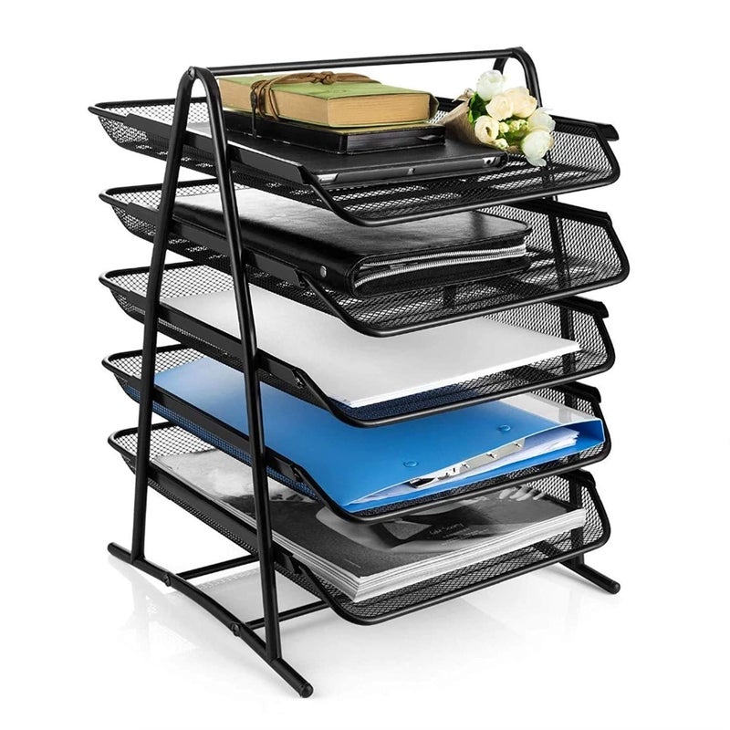 SOLDTRUE 5 Tier Metal Mesh File Desk Tray A4 Documents, Papers Letters folders, Documents Holder Desk Organizer For Office (Black) - Image 1