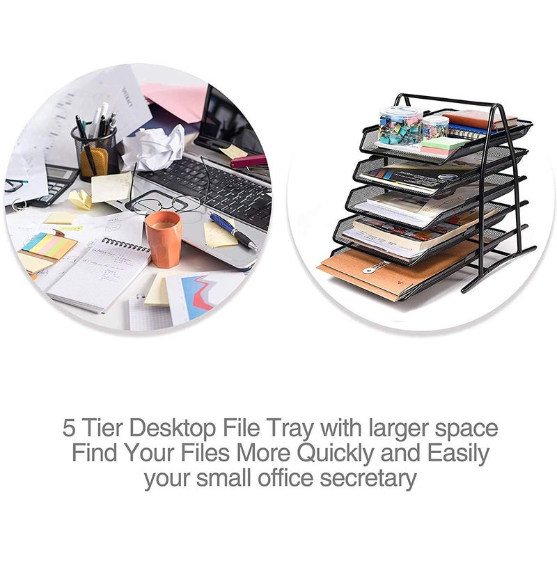 SOLDTRUE 5 Tier Metal Mesh File Desk Tray A4 Documents, Papers Letters folders, Documents Holder Desk Organizer For Office (Black) - Image 5