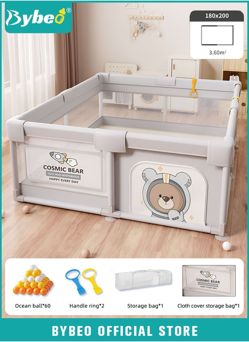 Bybeo Baby Playpen Fence, Portable Babies Playards for Toddlers, Safety Infant Activity Center, Sturdy Play Area, with 2 Pull Rings, 60 Marine Balls, Mesh Pocket and Storage Bag, 180x200cm  - Image 1