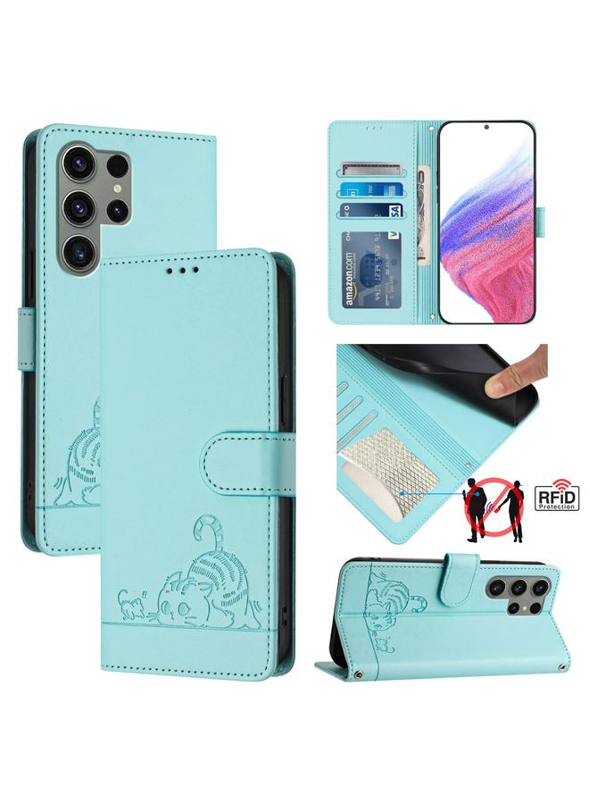 اس-توب جراب لهاتف Samsung Galaxy S23 Ultra 5G من الجلد المنقوش بنمط قطة وفأر بتقنية RFID مع حبل تعليق - Image 1