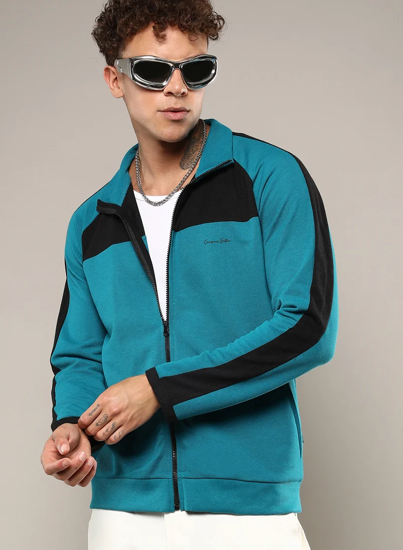 Campus Sutra Men's Teal Blue Zip-Front Jacket With Contrast Detail